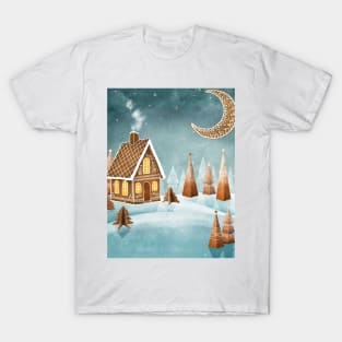 Gingerbread house moon and trees watercolor illustration. Fantasy candy world Christmas decorations. Snow hills. Magic winter forest T-Shirt